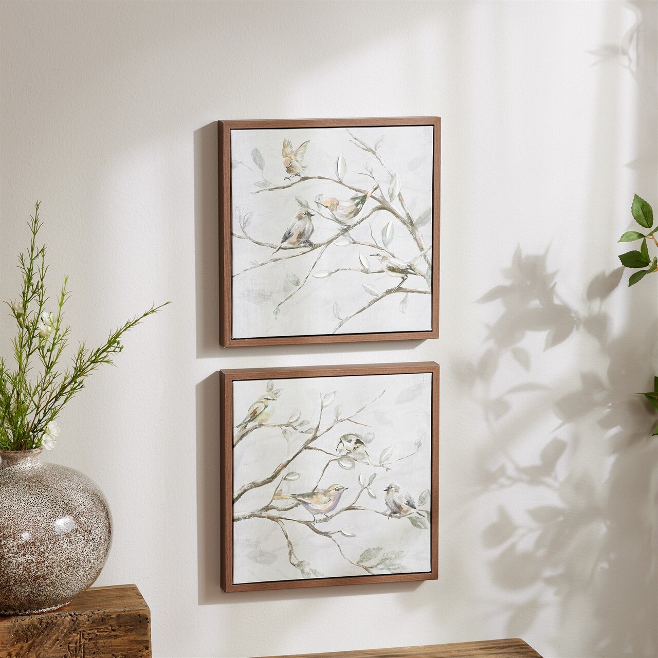 Melrose Bird on Branch Framed Canvas Wall Art - 10" x 10" - Set of 2
